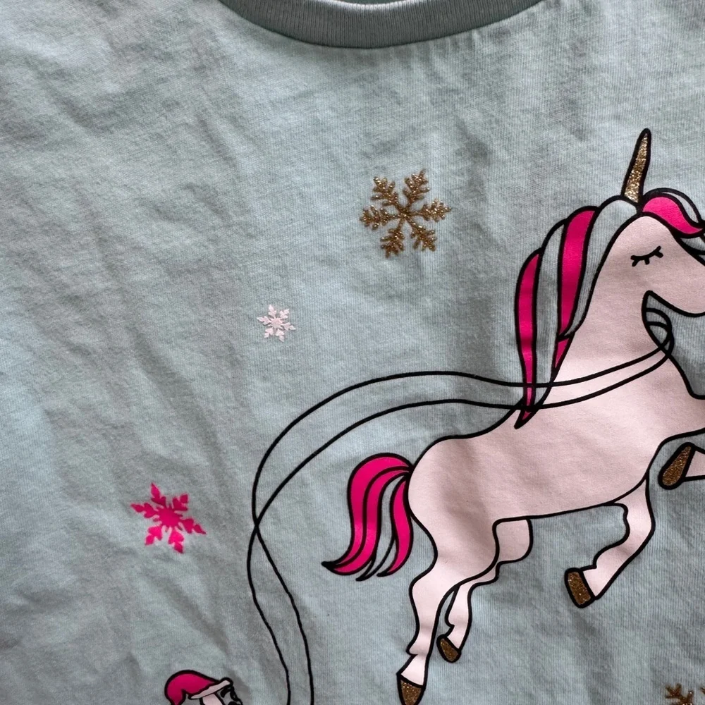 OshKosh B'gosh 4T Girls Light Blue Unicorn Santa Long Sleeve Shirt Top Christmas